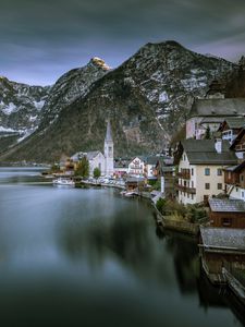 Preview wallpaper city, mountains, lake, buildings, architecture