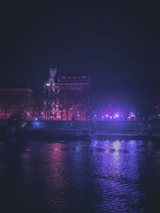 Preview wallpaper city, neon, light, night, river, buildings