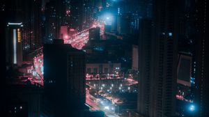 Preview wallpaper city, night, aerial view, buildings, lights, dark