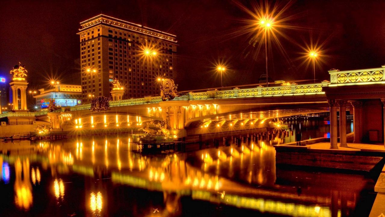 Wallpaper city, night, bridge, river, lights, reflection