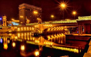 Preview wallpaper city, night, bridge, river, lights, reflection