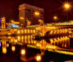Preview wallpaper city, night, bridge, river, lights, reflection