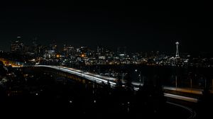 Preview wallpaper city, night, buildings, bridge, architecture, dark