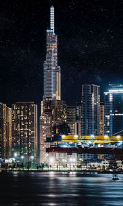 Preview wallpaper city, night, buildings, architecture, lights, river