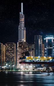 Preview wallpaper city, night, buildings, architecture, lights, river