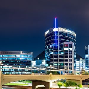 Preview wallpaper city, night, buildings, lights, bridge