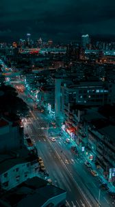 Preview wallpaper city, night city, aerial view, road, buildings