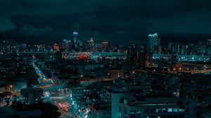Preview wallpaper city, night city, aerial view, road, buildings