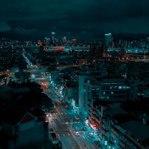 Preview wallpaper city, night city, aerial view, road, buildings