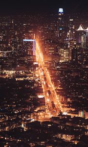 Preview wallpaper city, night city, aerial view, road, cityscape, lights