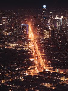 Preview wallpaper city, night city, aerial view, road, cityscape, lights