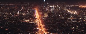 Preview wallpaper city, night city, aerial view, road, cityscape, lights