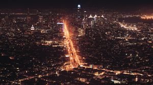 Preview wallpaper city, night city, aerial view, road, cityscape, lights