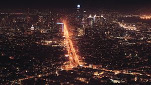 Preview wallpaper city, night city, aerial view, road, cityscape, lights