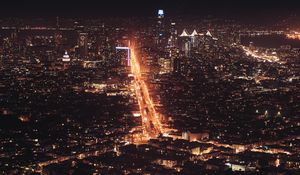 Preview wallpaper city, night city, aerial view, road, cityscape, lights