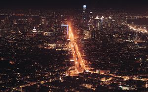 Preview wallpaper city, night city, aerial view, road, cityscape, lights