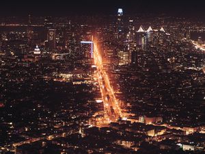 Preview wallpaper city, night city, aerial view, road, cityscape, lights