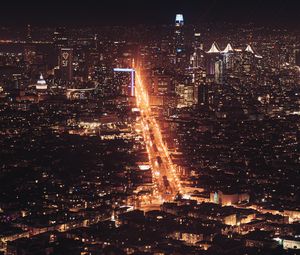 Preview wallpaper city, night city, aerial view, road, cityscape, lights