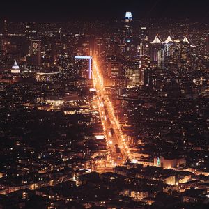 Preview wallpaper city, night city, aerial view, road, cityscape, lights