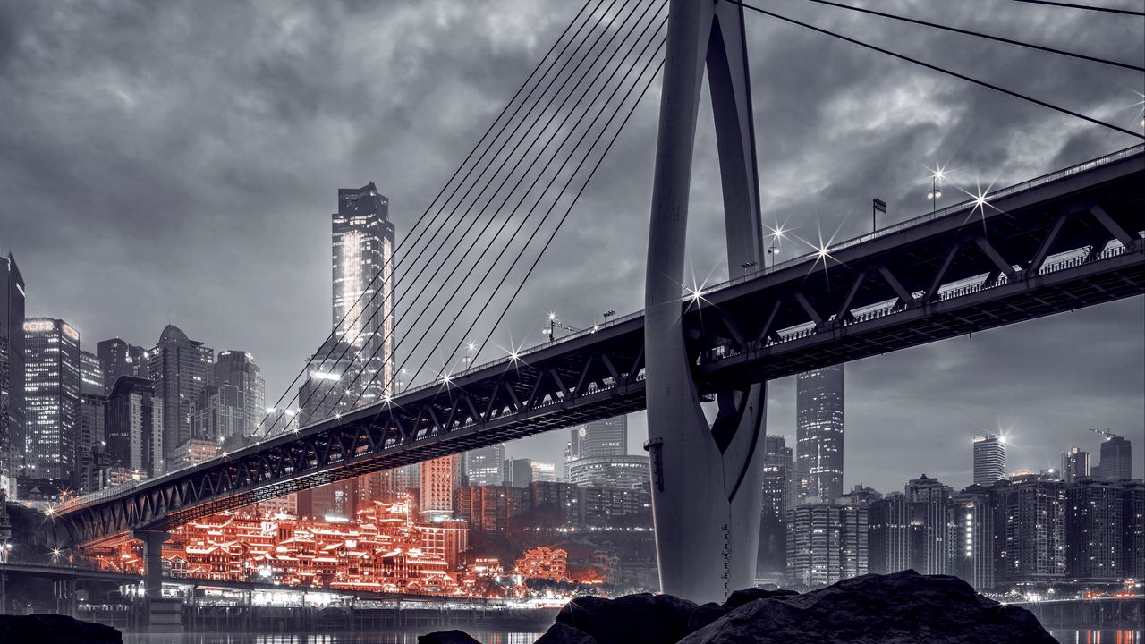 Wallpaper city, night city, bridge, water, stones