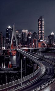 Preview wallpaper city, night city, bridge, buildings, lights, hieroglyphs