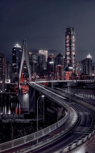 Preview wallpaper city, night city, bridge, buildings, lights, hieroglyphs