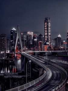 Preview wallpaper city, night city, bridge, buildings, lights, hieroglyphs