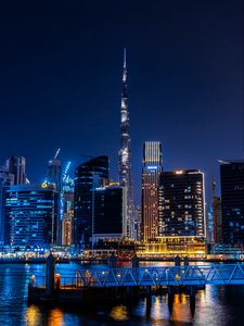 Preview wallpaper city, night city, buildings, skyscrapers, lights, water