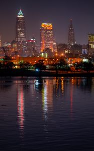 Preview wallpaper city, night city, buildings, lights, water, reflection