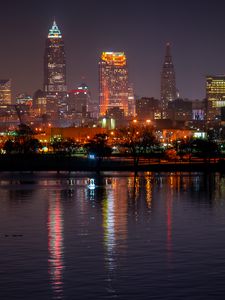 Preview wallpaper city, night city, buildings, lights, water, reflection