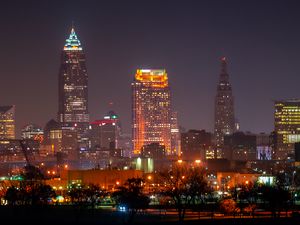 Preview wallpaper city, night city, buildings, lights, water, reflection