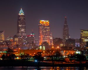 Preview wallpaper city, night city, buildings, lights, water, reflection