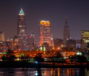 Preview wallpaper city, night city, buildings, lights, water, reflection