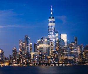 Preview wallpaper city, night city, buildings, water, new york