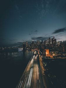 Preview wallpaper city, night city, coast, road, long exposure