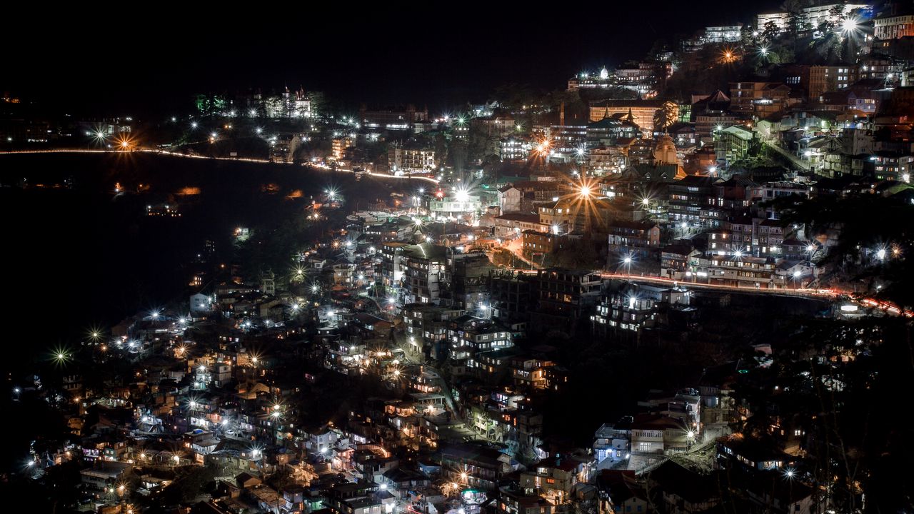 Wallpaper city, night, city lights, shimla manali, india