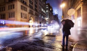 Preview wallpaper city, night, cloudy, lonely, man, umbrella