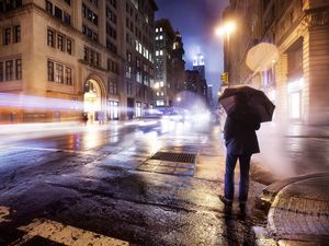 Preview wallpaper city, night, cloudy, lonely, man, umbrella