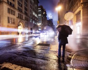 Preview wallpaper city, night, cloudy, lonely, man, umbrella