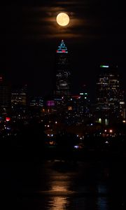 Preview wallpaper city, night, coast, moon, reflection, dark