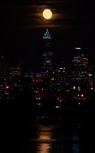 Preview wallpaper city, night, coast, moon, reflection, dark