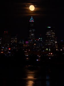 Preview wallpaper city, night, coast, moon, reflection, dark