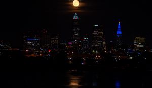 Preview wallpaper city, night, coast, moon, reflection, dark