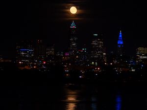 Preview wallpaper city, night, coast, moon, reflection, dark
