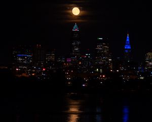 Preview wallpaper city, night, coast, moon, reflection, dark