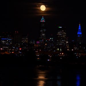 Preview wallpaper city, night, coast, moon, reflection, dark