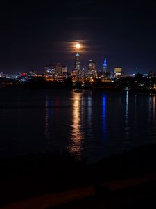 Preview wallpaper city, night, coast, moon, dark