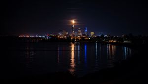 Preview wallpaper city, night, coast, moon, dark