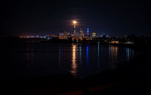 Preview wallpaper city, night, coast, moon, dark