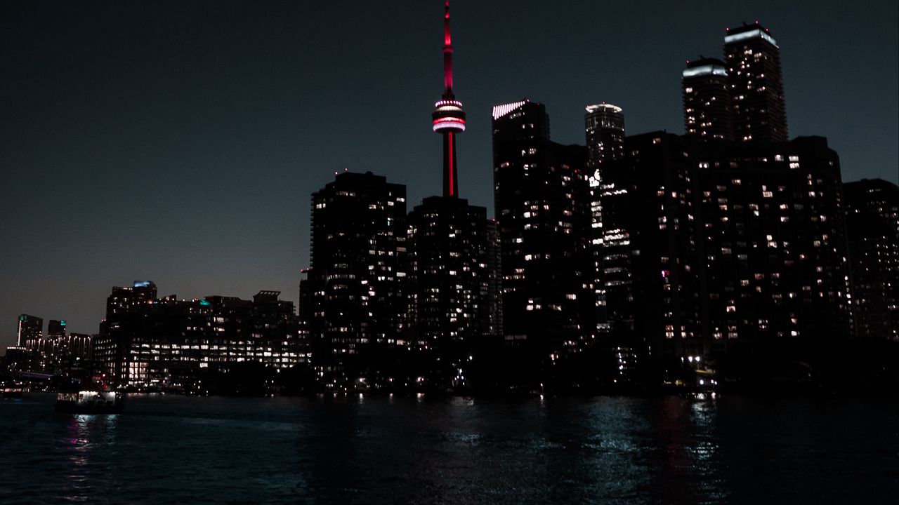 Wallpaper city, night, dark, buildings, water